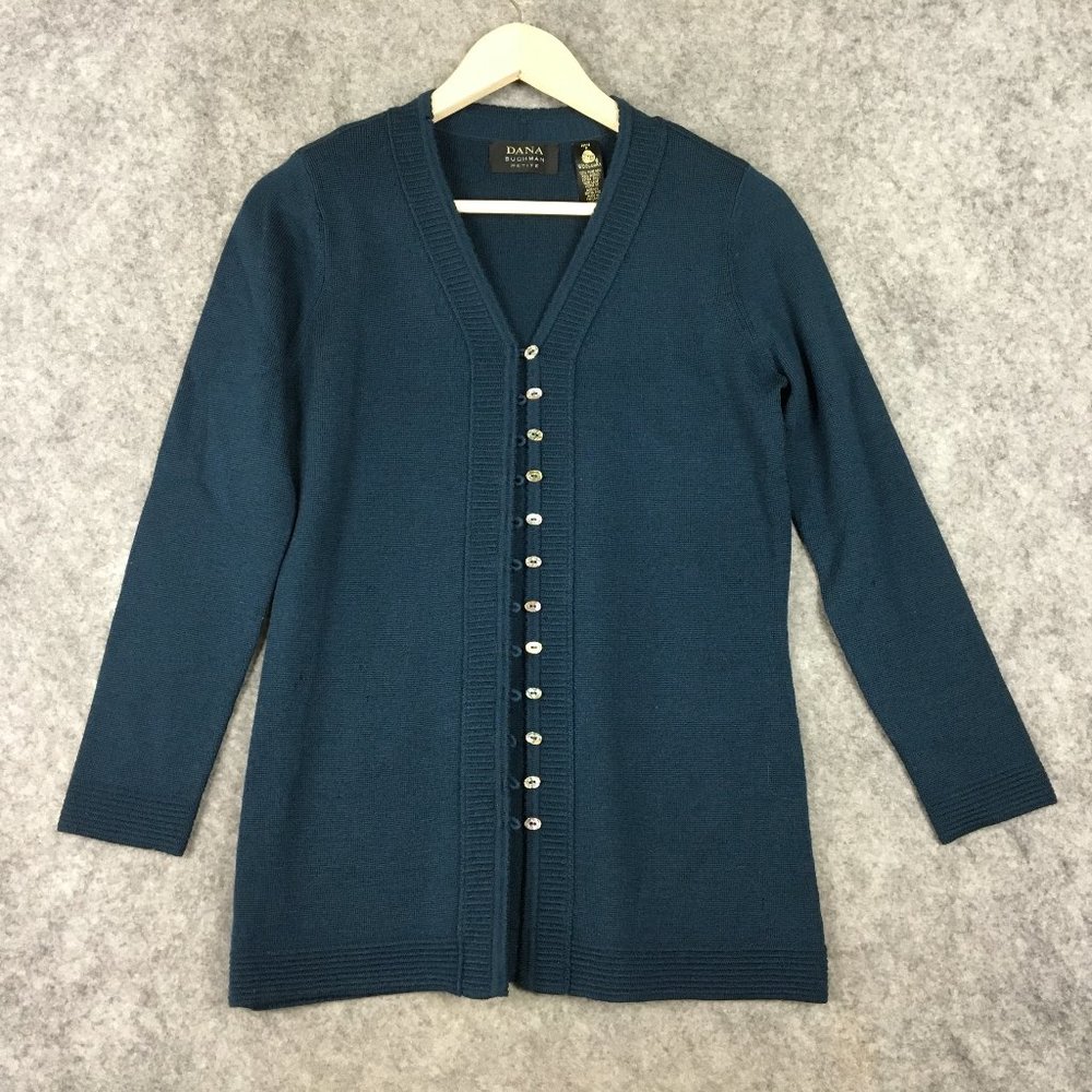 Dana Buchman Cardigan SP Sweater 100 Pure New Wool Merino Extra Fine Jewel Blue